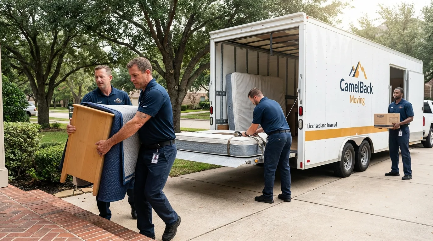 Crew loading residential truck for cross-state move from Muskego, WI
