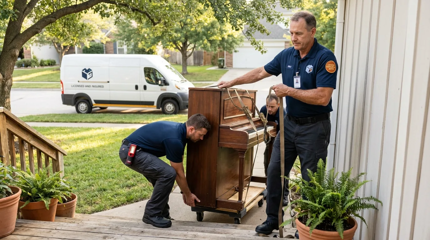 Licensed piano movers securing grand piano in Muskego, WI