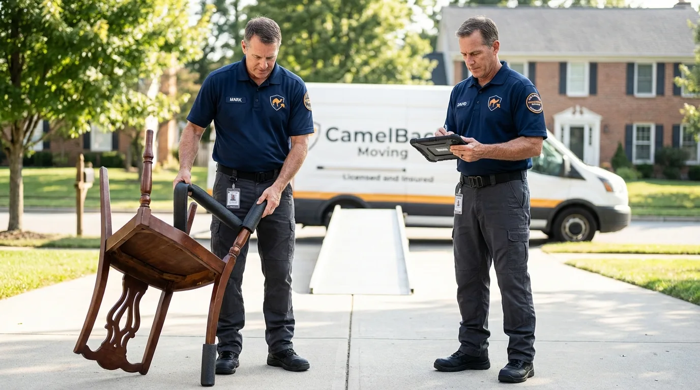 Movers inspecting furniture for damage prevention before loading in Muskego, WI