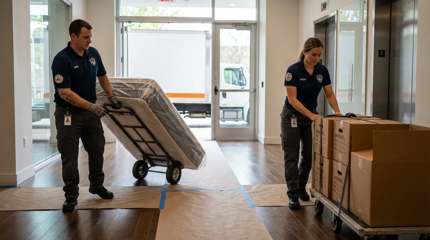 Professional apartment movers loading elevator in Muskego, WI