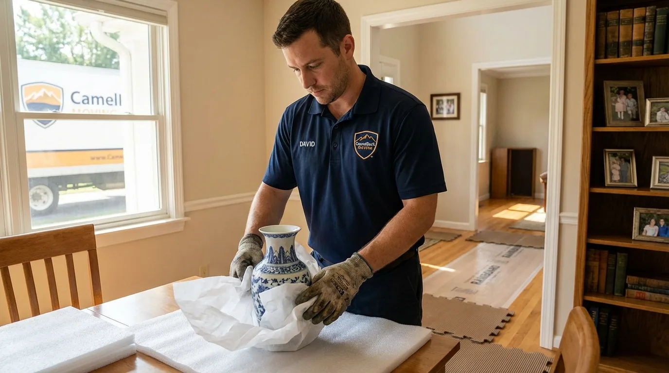 Professional crew carefully wrapping antique vase for senior downsizing move in Muskego, WI